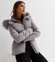 New Look Dark Grey Faux Fur Hood Puffer Jacket